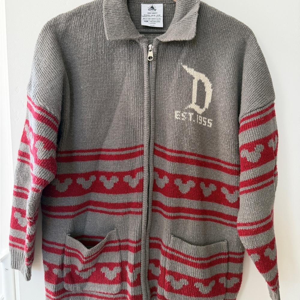 Disneyland Spirit Jersey Gray and Red Knit Zip-Up Sweater